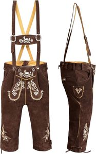 Pantalones Cortos Bávaros Tradicionales de Cuero Genuino para Hombre, Bordados con Flores, Corte Regular, Color Marrón - Product Image 1