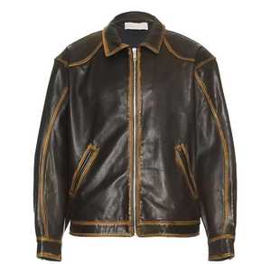 Men's Genuine <b>Leather</b> <b>Biker</b> <b>Jacket</b> Stand Collar Zipper Closure Regular Fit Solid Color Waterproof Winter Wear Color Blocking - Product Image 3