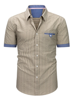 Chemise décontractée à manches courtes rayée pour homme, col rabattu, tissu popeline respirant, style été, blanc, coupe ample, bouton unique, 140g