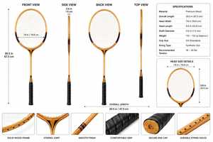 Raquette de badminton en bois unisexe, personnalisable, toutes tailles et couleurs, avec poignée souple antidérapante, filet rigide et logo personnalisé - Product Image 3