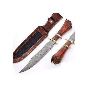 Couteau Bowie en acier Damas fait main avec manche en os et étui en cuir, couteau Viking, couteau d'extérieur, garde-poignets en laiton - Product Image 5