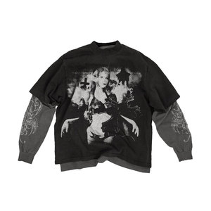 Camiseta Negra Oversize para Hombre con Estampado de Calaveras y Zombis Rojos, Mangas en Contraste, Estilo Urbano, Cuello Redondo, Algodón Jersey - Product Image 4