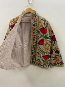 Veste courte d'hiver à poches florales Suzani en velours beige | Blouson bombardier Boho | Manteau d'hiver chauffé - Product Image 3