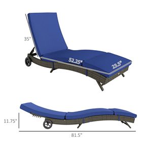 Chaise longue da esterno blu scuro con telaio in alluminio e vimini in PE, schienale regolabile e 2 ruote - Product Image 3