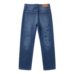 Women Indigo Blue <b>Embroidered</b> Breathable High Waist Denim <b>Jeans</b> Straight Fit Casual Streetwear Dark Cotton Pants Custom OEM OD - Product Image 2