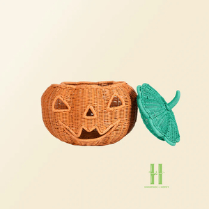 Panier en rotin naturel fait main en forme de citrouille, le plus vendu, pour décoration d'Halloween, idéal pour la vente au détail et les expositions événementielles - Product Image 3