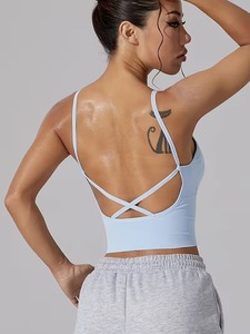 High-Elasticity Longline White Sports <b>Bra</b> | <b>Thin</b> <b>Strap</b> Open-Back Fitness Camisole | Seamless Knit Padded Activewear Crop Top - Product Image 2