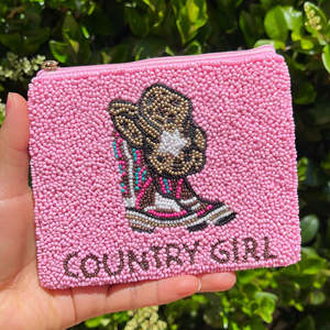 Pochette à main rectangulaire brodée de sequins, faite à la main, avec perles, motif bottes et chapeau de cowgirl rose, style western, tendance - Product Image 1