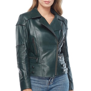 Chaqueta Bomber Transpirable de Piel de Vaca Verde para Mujer, Manga Larga, Cuello Alto, Cierre de Cremallera, Estilo Otoñal - Product Image 5