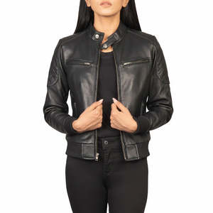 Chaqueta Bomber de Piel de Oveja Negra para Mujer, Marca Leathertex, de Lujo, Hecha a Mano, con Forro de Satén Acolchado, Cierres YKK, Manga Larga, Talla XS - Product Image 4