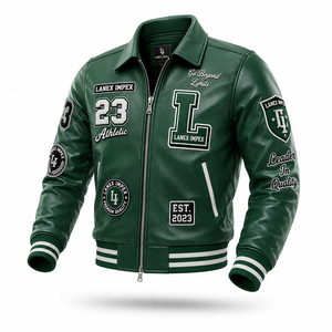 Custom Green <b>Leather</b> Varsity <b>Jacket</b> for <b>Men</b> Embroidered Letterman Bomber <b>Jacket</b> with Chenille Patches OEM ODM Bulk Manufacturer - Product Image 2