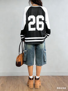 Camiseta de Manga Larga para Primavera, Otoño e Invierno, Estilo Informal Americano con Cuello en V, Estilo Y2K, Holgada, Talla Grande para Adultos - Product Image 3