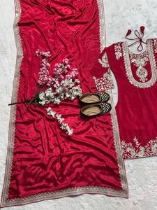 Colección Pakistaní India, Conjunto de 3 Piezas Listo para Usar, Salwar Kameez de Seda Chinnon con Bordado Intenso, Tradicional, de Secado Rápido, Elegante para Fiestas - Product Image 6