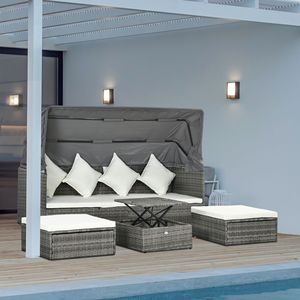 Set Divano da Esterno in Vimini Regolabile in Altezza con Tettuccio Retrattile e Cuscini - 4 Pezzi Crema - Product Image 2
