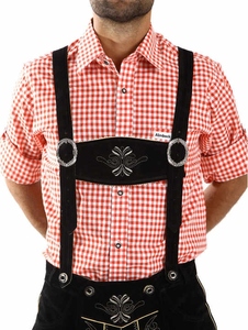 Lederhosen Negros Bordados para Hombre con Camisa a Cuadros Roja, Traje Tradicional Alemán, Ropa Casual, Estilo Otoñal - Product Image 5