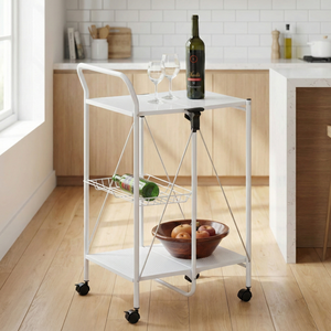 White Steel <b>Foldable</b> <b>Cart</b> With Four Wheels Multilayer Storage Movable Organizer - Product Image 2