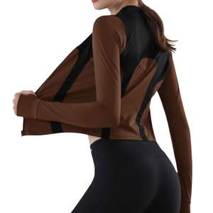 Chaqueta de Yoga para Mujer, Transpirable, Ligera, Color Marrón con Contraste, Cierre Completo, Corte Ajustado, Manga Larga, Alta Elasticidad, Ropa Deportiva - Product Image 2