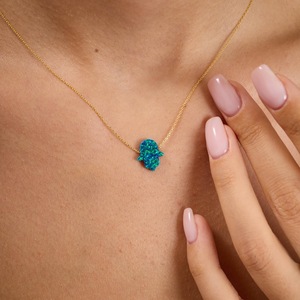 Collar con colgante de mano Hamsa de ópalo verde oscuro, plata de ley 925, chapado en oro de 14 quilates, amuleto de protección, joyería para mujer, regalo. - Product Image 6