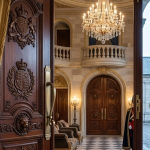 Poignée de porte de luxe en laiton antique Oxford Crest |   Poignée de porte d'entrée principale décorative au design moderne pour hôtels - Product Image 2