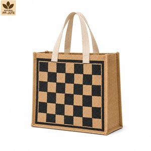 Bolsa de Compras de Yute Laminada con PP, Impresión Personalizada, 36x40x15 cm, Asas de Algodón con Diseño a Cuadros, Exportador Mayorista OEM ODM - Product Image 1