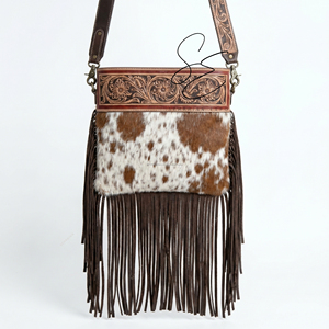 Bolso bandolera artesanal de cuero con flecos de pelo de vaca, estilo gipsy, con adornos western, bolso cruzado bohemio con borlas para mujer, bolsos de vaquera - Product Image 1