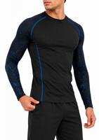 Chemise de sport respirante à séchage rapide pour homme, manches longues, col rond, anti-UV, en spandex, écologique, imprimé noir et bleu, effet éclaboussures