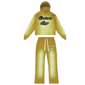 Custom <b>Men</b> Vintage Solid Streetwear Puff Printing <b>Pullover</b> Hoodie Baggy Wide Leg Sweatpants Cotton Heavyweight Sweatshirt Set - Product Image 2