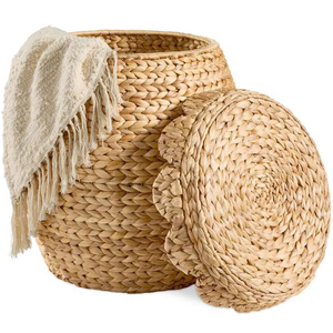 New Arrival Water Hyacinth Storage <b>Basket</b> With Scalloped Lid And Round Woven Cover Natural Organizer Hamper For Bedroom Decor - Product Image 2