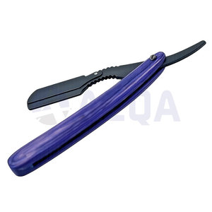 Stainless Steel Folding Barber Straight Razor with Purple <b>Plastic</b> Handle Single Blade Black Coated Professional Shaving - Product Image 4