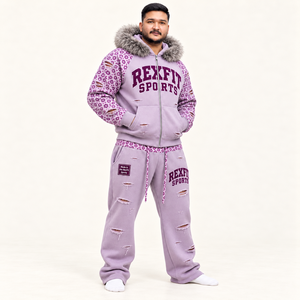 Conjunto de Sudadera con Capucha Morada para Hombre REXFIT SPORTS, Ropa Casual de Invierno de Forro Polar con Cuello de Piel y Diseño Desgastado - Product Image 2