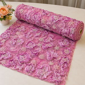 ผ้าตาข่ายโพลีเอสเตอร์ปักลายดอกไม้ 3 มิติ สีชมพูพรีเมียม หนัก 500 GSM ประดับลูกปัดอย่างดี ผ้าลูกไม้ตาข่ายกว้าง 54 นิ้ว สำหรับชุดเจ้าสาว - Product Image 2