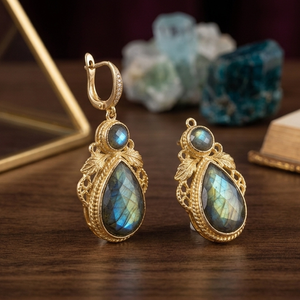 Factory Supply 925 <b>Sterling</b> <b>Silver</b> Natural Labradorite Drop Earrings 18K Gold Plated 5 Inch 16g Round 8mm Pear Shape Wholesale - Product Image 3