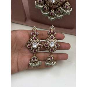 <b>Indian</b> Ethnic Jasmin Premium Victorian Gold Plated Bridal Long <b>Necklace</b> & Earring <b>Set</b> - Product Image 3