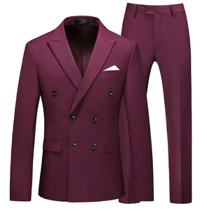 Traje de Negocios Cruzado para Hombre, Color Borgoña, Mezcla de Lana, Cuello de Solapa, Corte Regular, Antiarrugas - Product Image 1