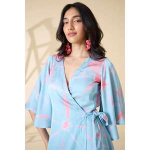 Robe d'été décontractée pour femme, bleu ciel, tie-dye, col en V, manches kimono, longueur genou - Product Image 3