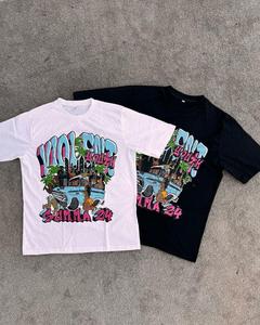 T-shirt homme à manches courtes imprimé dessin animé, blanc et noir, style streetwear, col rond, coupe classique, coton, vente en gros, OEM - Product Image 1