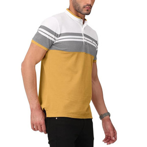 เสื้อโปโลแขนสั้นผู้ชายลายทางสีตัดต่อ ทรงปกติ สวมใส่สบาย สีมัสตาร์ด เทา ขาว ผ้าถัก - Product Image 1