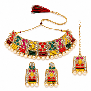 Parure de bijoux plaqué or avec collier long et boucles d'oreilles en alliage, ornée de perles, design temple indien du Sud, pour femme, idéale pour mariage et soirée, bijoux de mode ethniques - Product Image 1