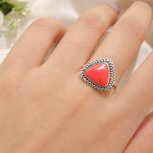 Pure 925 Sterling Silver Red Coral Gemstone Gold Bohemian <b>Statement</b> <b>Ring</b> Handmade Artisan Triangle Cabochon Women Gold Gold - Product Image 2