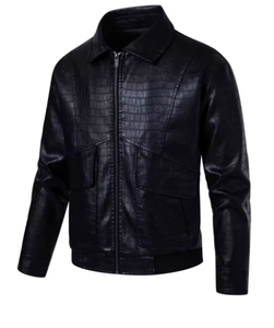 Chaqueta de Cuero PU con Estampado de Cocodrilo Negro para Hombre, Estilo Motociclista, Cuello Camisero, Cierre de Cremallera, Corte Regular, Ropa de Abrigo para Otoño - Product Image 6