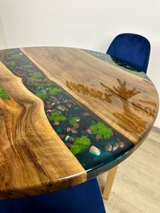 Modern River Moss Wooden <b>Dining</b> <b>Table</b> <b>Round</b> Solid Wood Epoxy Resin Art <b>Table</b> Natural <b>Walnut</b> Style for Home & Restaurant - Product Image 2
