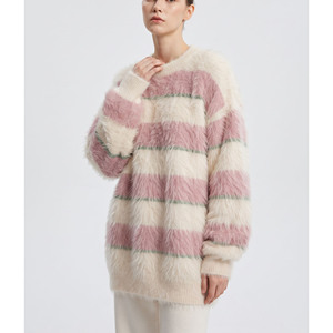 Nouveau Pull en Mohair Tricoté pour Femme Automne Hiver, Rayures Personnalisées, Col Rond Ample, Chandail en Mohair pour Dames - Product Image 3