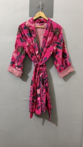 Pink Floral Printed Women's Indian Velvet <b>Kimono</b> Wrap Tie Robe <b>Jacket</b> Finished Reversible Eco-Friendly Long Coat Winter Bridal - Product Image 3