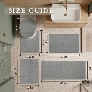 Tapis de bain rectangulaires gris, ensemble de 4 pièces, avec dos antidérapant en caoutchouc pour salle de bain, en polyester tissé, lavable en machine - Product Image 6