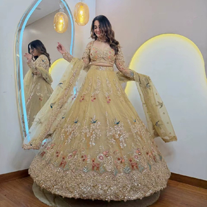 Lehenga Choli de Lujo con Bordado Dorado, Largo hasta el Suelo, con Dupatta de Tela de Red, para Mujer, Ideal para el Verano, Diwali, Graduaciones y Fiestas - Product Image 1