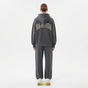 Conjunto Deportivo Personalizado para Mujer, Sudadera con Capucha Extra Grande, Color Gris Oscuro, Estilo Vintage, con Cierre y Bordado, Pantalones Deportivos Anchos de Felpa de Algodón, OEM - Product Image 2