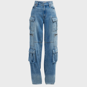 Pantalon cargo en jean délavé taille haute coupe ample pour femme, style décontracté, longueur intégrale avec plusieurs poches et braguette boutonnée - Product Image 2