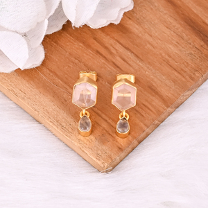 Natural Rose Quartz Hexagon & Pear Shaped Brass Gold Plated <b>Hook</b> Handmade Gemstone Dangle <b>Earrings</b> for Women - Product Image 3