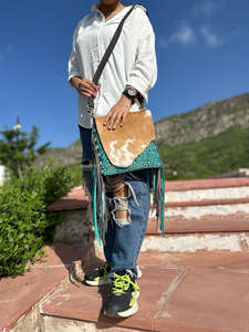 Unique Western Style <b>Tooled</b> Hair on Hide Fur <b>Leather</b> Sling Bag Women Embossed Colour <b>Tooled</b> Fur <b>Leather</b> Vintage Style Side Bag - Product Image 4