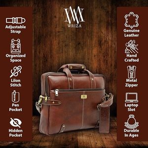 WRIZA Sac messager en cuir véritable marron pour hommes et femmes, sac de bureau pour ordinateur portable, sacoche multi-compartiments à sangle réglable - Product Image 4